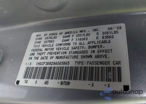 2009 Honda Accord 3.5 Ex-L from USA, damaged, VIN 1HGCP36829A045845